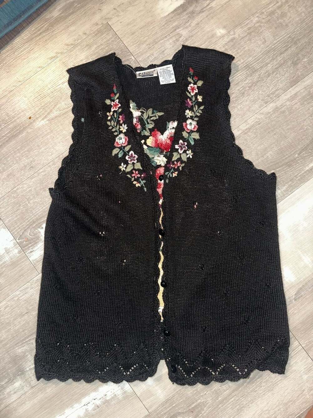 Capacity Petite Large Black Floral Embroidered Knit Sweater Vest with Scalloped